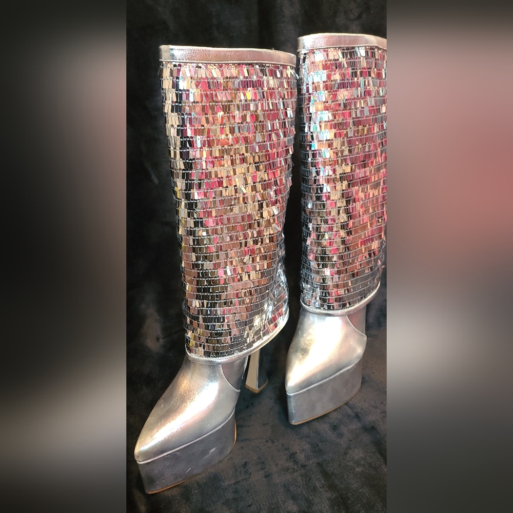 Silver Sequin Platform Mule Boots - Women's High Heel - Picture 5 of 15